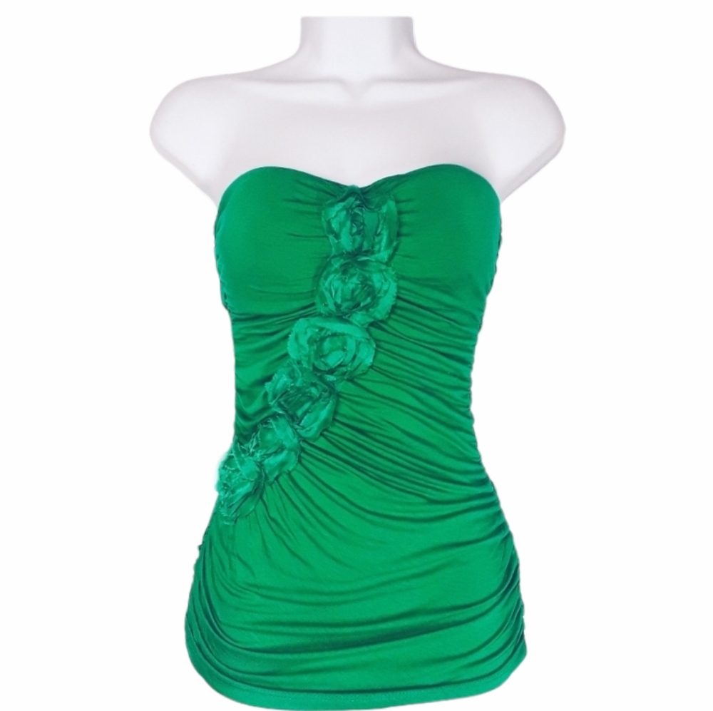 RUBICON Green Rose Floral Ruched Strapless Stretchy Top Small NWT